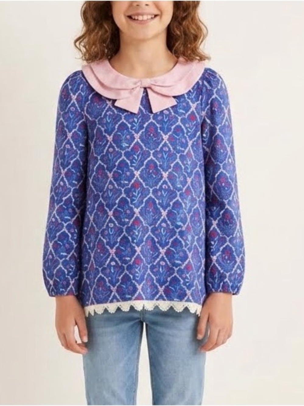 Matilda Jane Heart to Heart Blue Patterned Blouse with Pink Collar Size 16